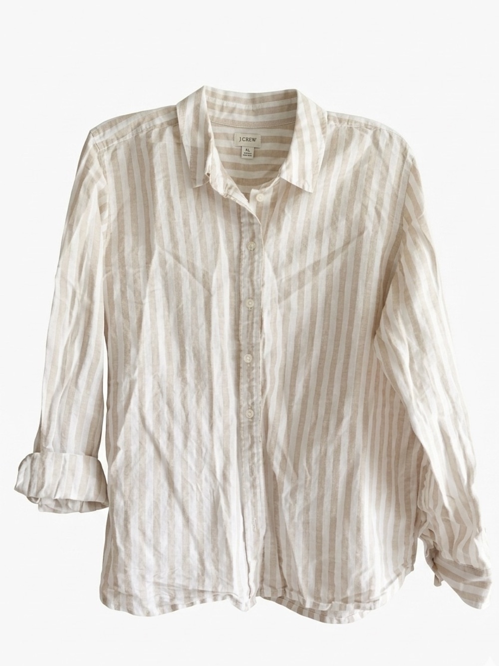 J.Crew Linen Stripe Shirt XL Beige White Button Up Long Sleeve Casual Slim Fit - Picture 4 of 5